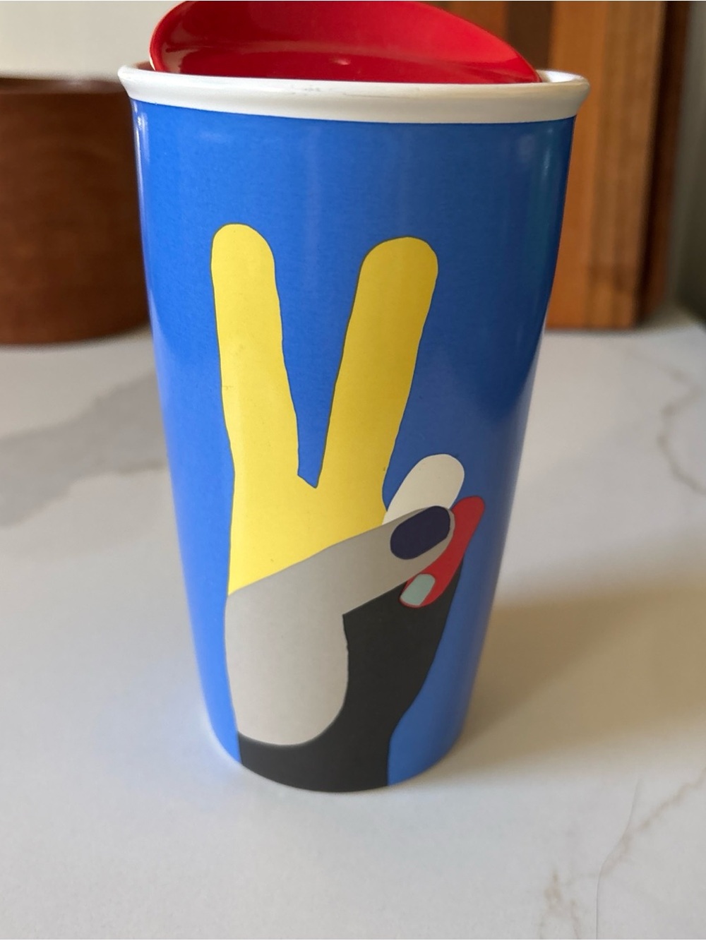 Starbucks Royal Blue "PEACE Sign" Ceramic Traveler Tumbler Mug 12 oz.  EUC